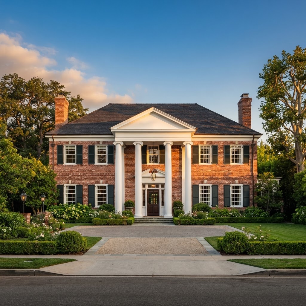 Colonial Revival residence with symmetrical facade, columned portico, shuttered windows, and brick cladding in golden light