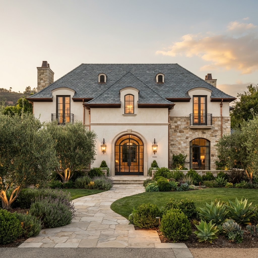 French Provincial residence with steep hipped slate roof, dormers, stucco and stone, and arched French doors in golden light