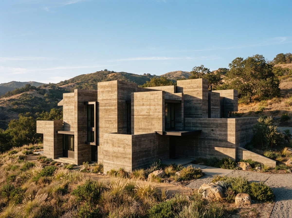 Brutalist home with raw exposed concrete walls and board-formed texture showing dramatic shadows