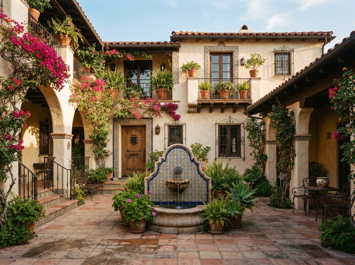 Spanish Colonial Revival courtyard with terracotta tiles, stucco arches, ornamental tile work, and bougainvillea climbing walls