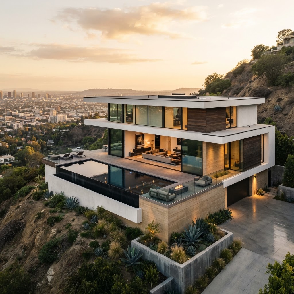 Contemporary modern Los Angeles residence with flat roof, glass walls, concrete and white stucco on a hillside in golden light