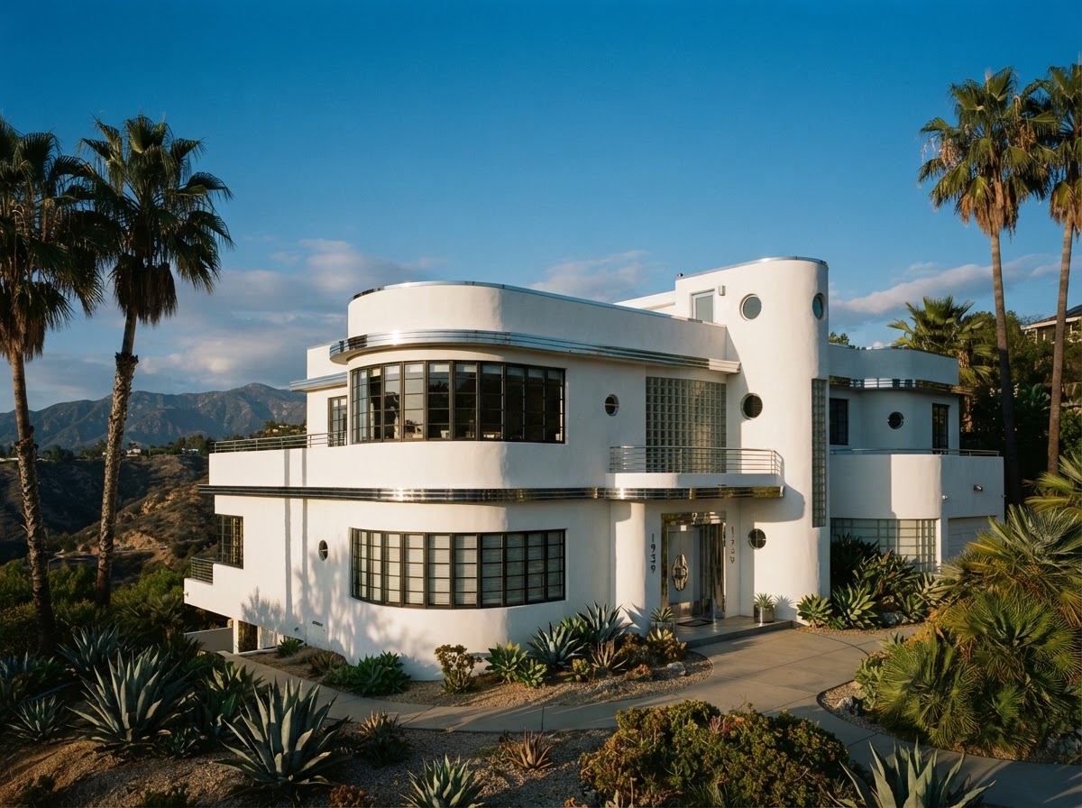 Streamline Moderne home with curved corners, horizontal lines, porthole windows, and smooth white plaster walls