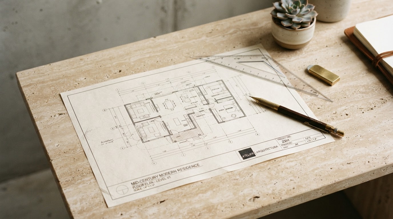 Architectural blueprints and drafting tools on travertine surface with drafting pencil and triangle ruler