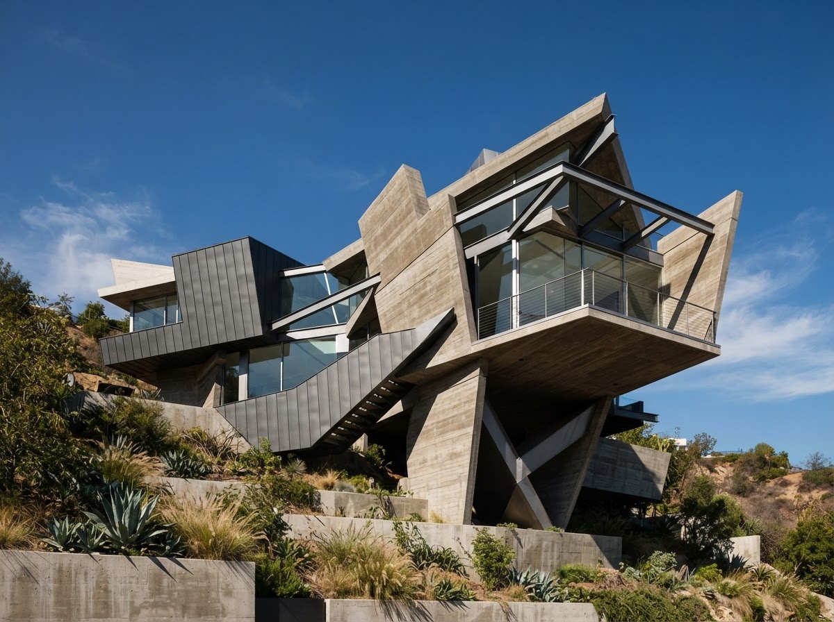 Contemporary deconstructivist home with angular geometric forms and intersecting planes of glass and metal