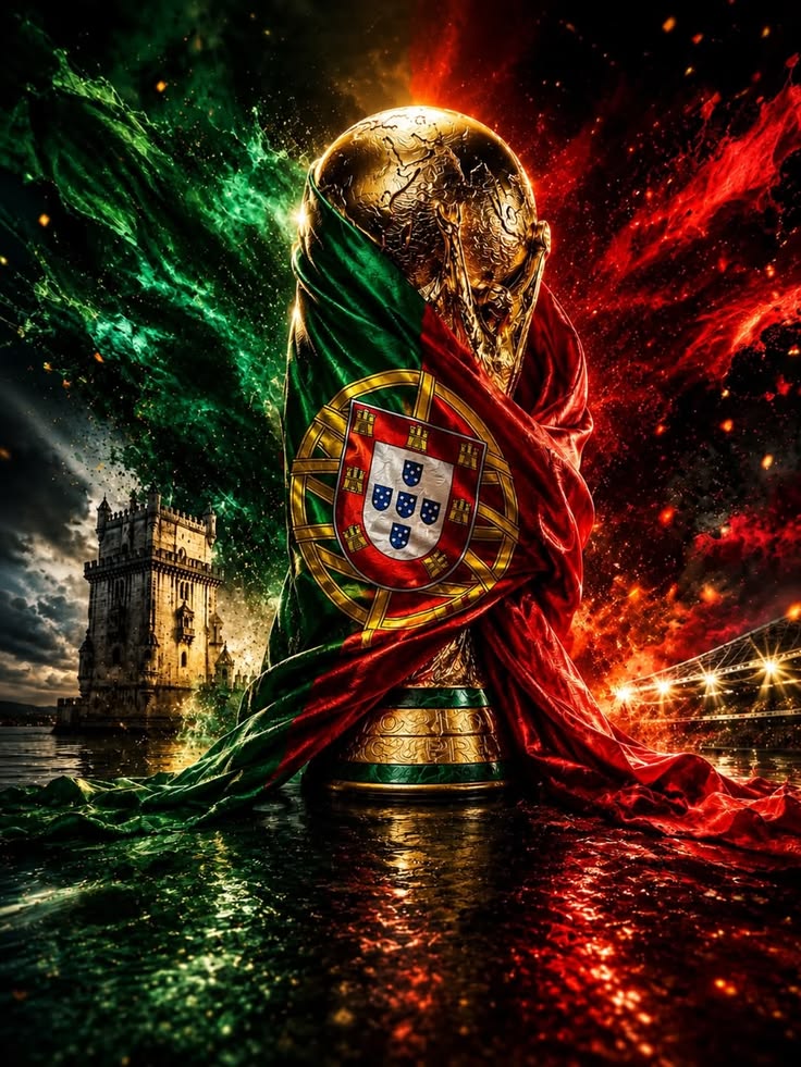 Trophée doré & drapeau du Portugal