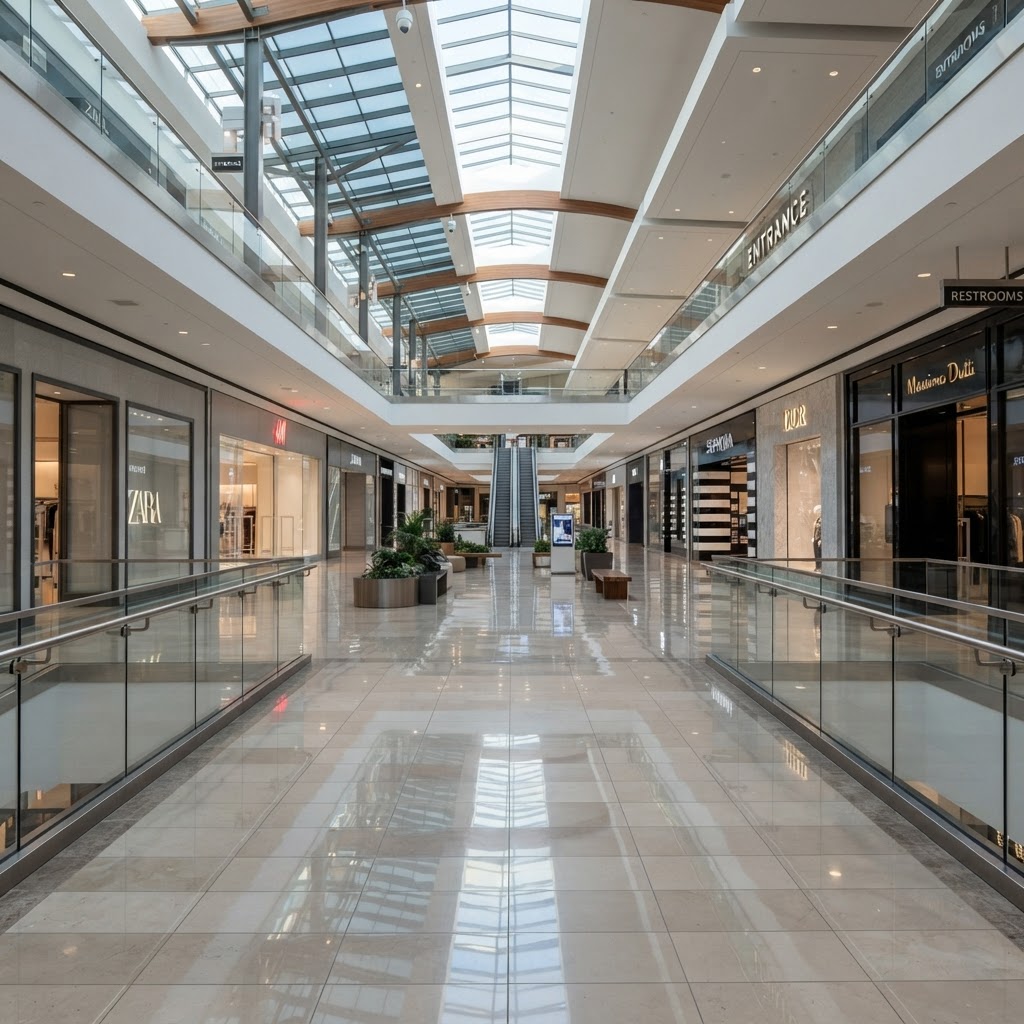 Clean shopping centre interior concourse with polished tiled floors