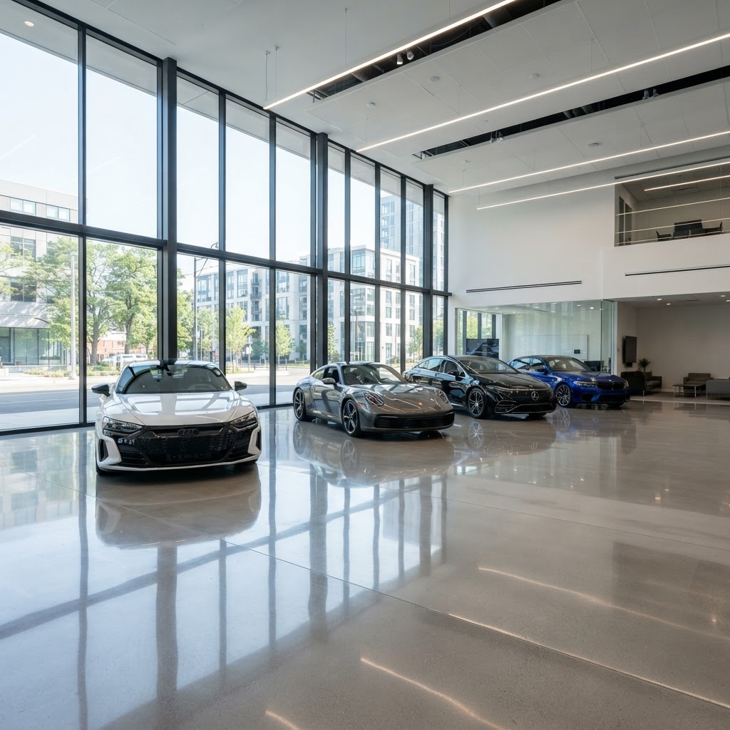 Clean car dealership showroom interior with polished floors