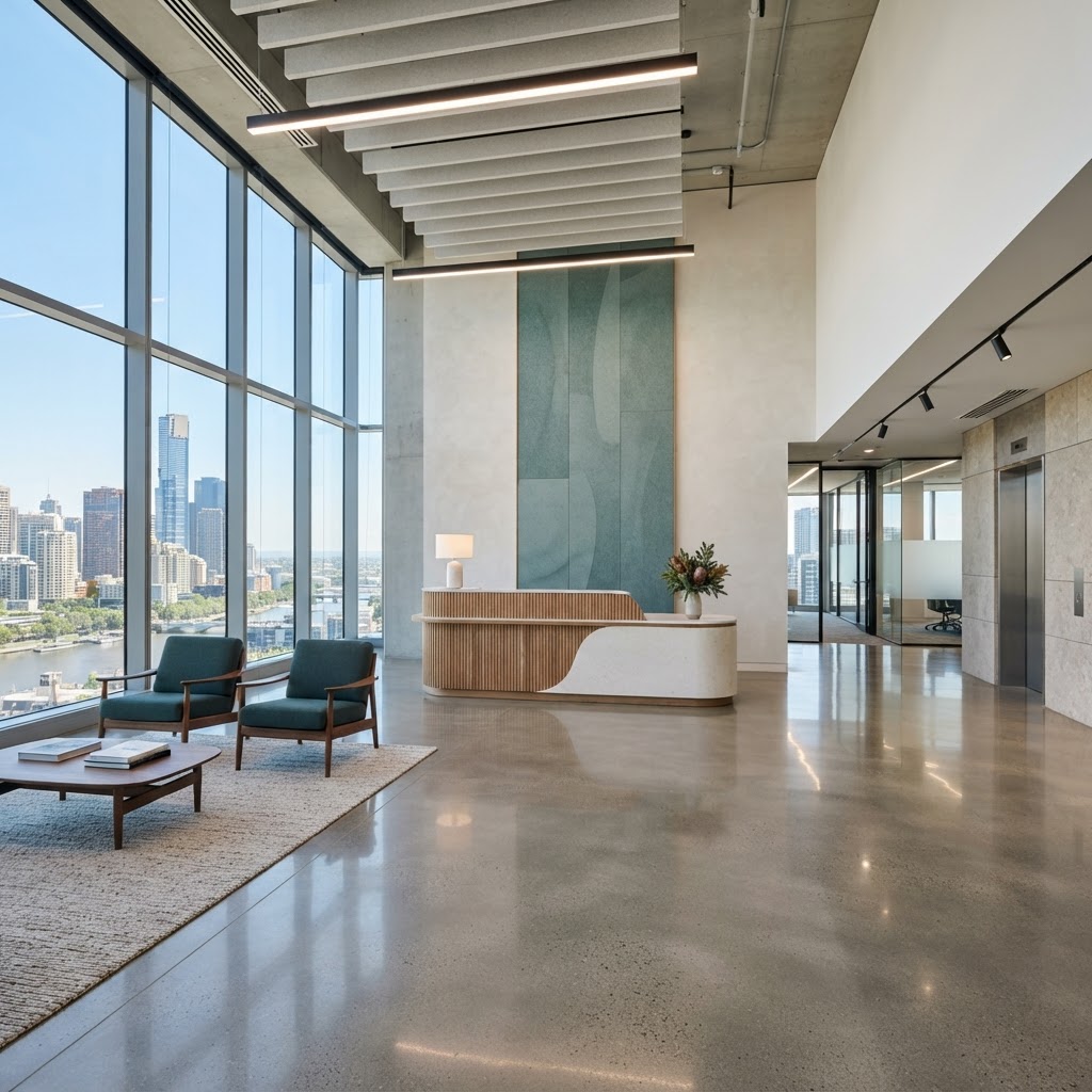 Spotless reception and lobby of a Melbourne commercial office maintained by Facility Clean Australia