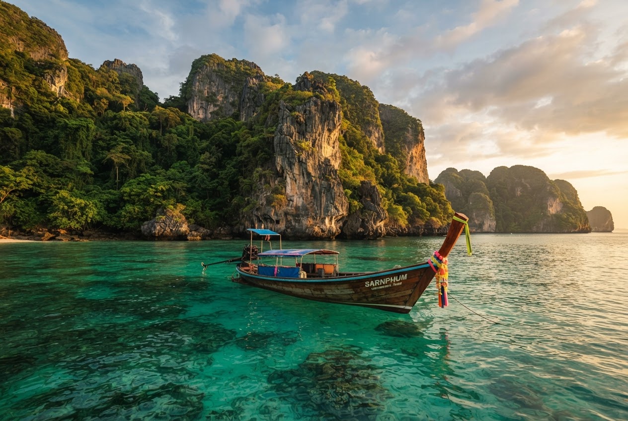 Thai longtail boat on turquoise Andaman Sea