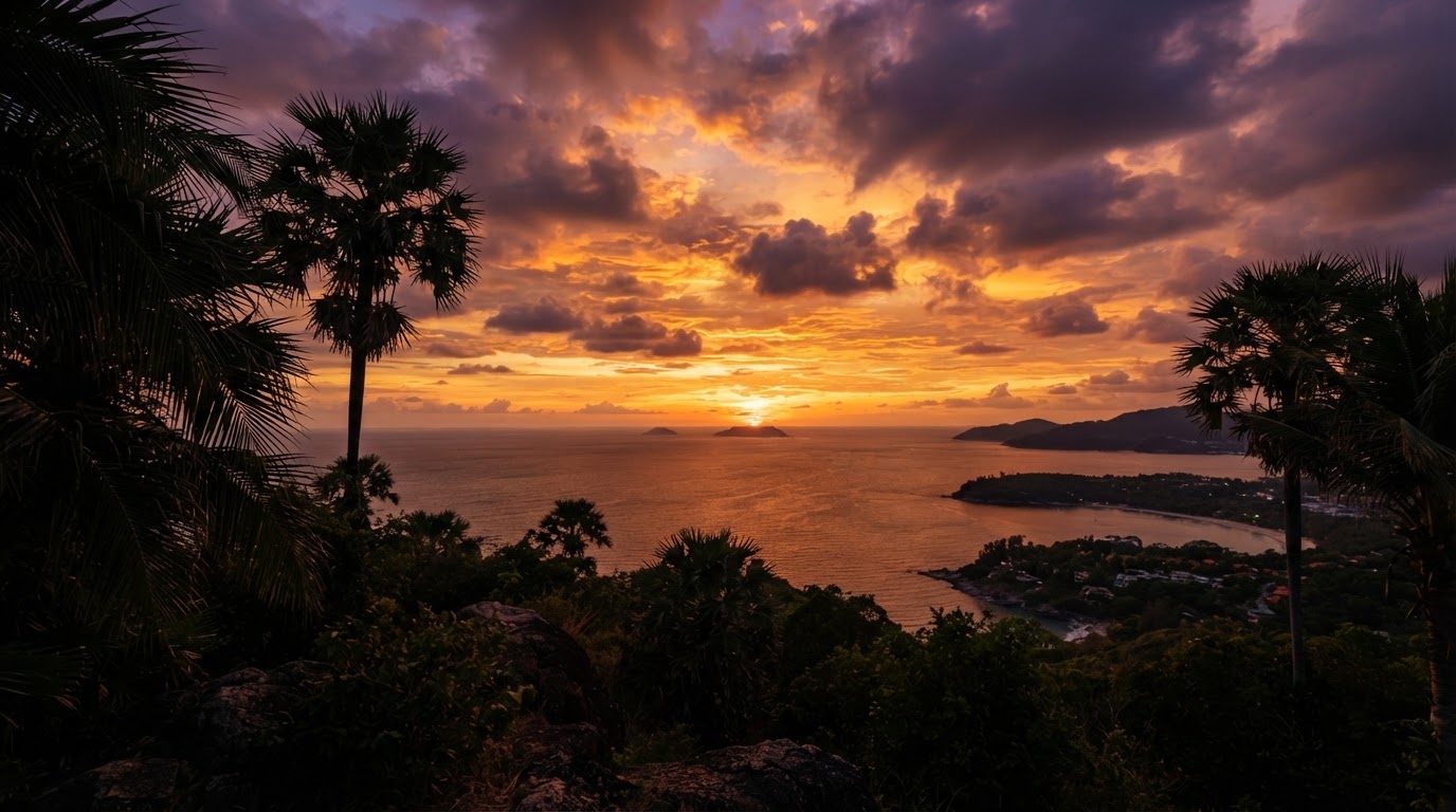 Sunset over the Andaman Sea from Phuket hilltop