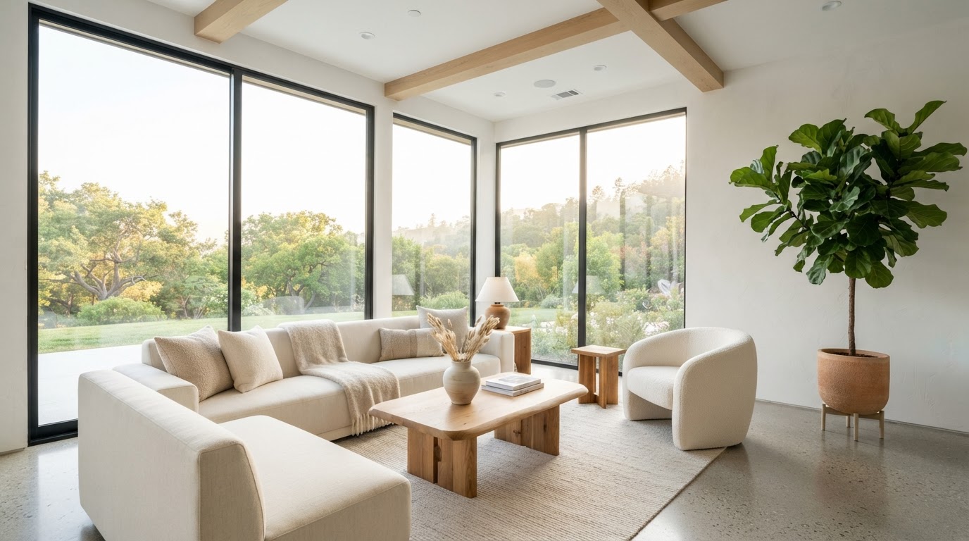 Spotless modern living room with natural light