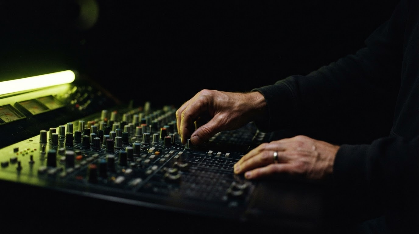 Hands on a mixing console in dramatic neon lighting