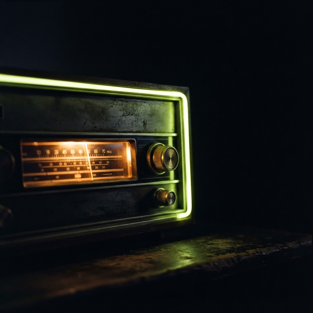 Vintage analog radio receiver glowing in the dark