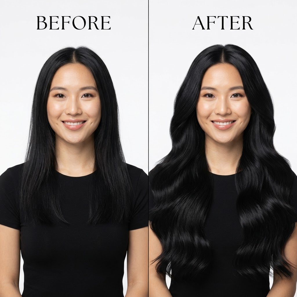 Silk Black Waves — Before → After transformation at The Hair Extension Room