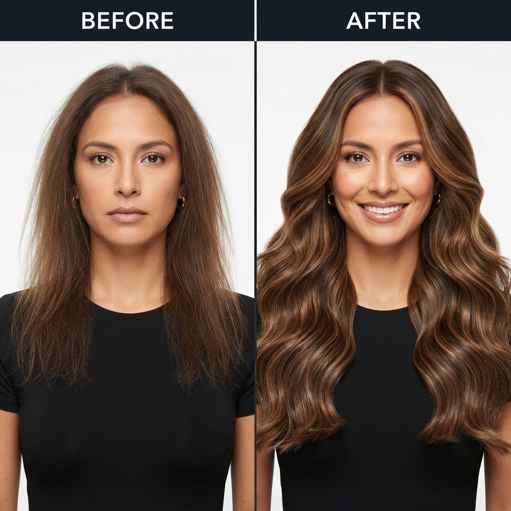 Caramel Bounce — Before → After transformation at The Hair Extension Room