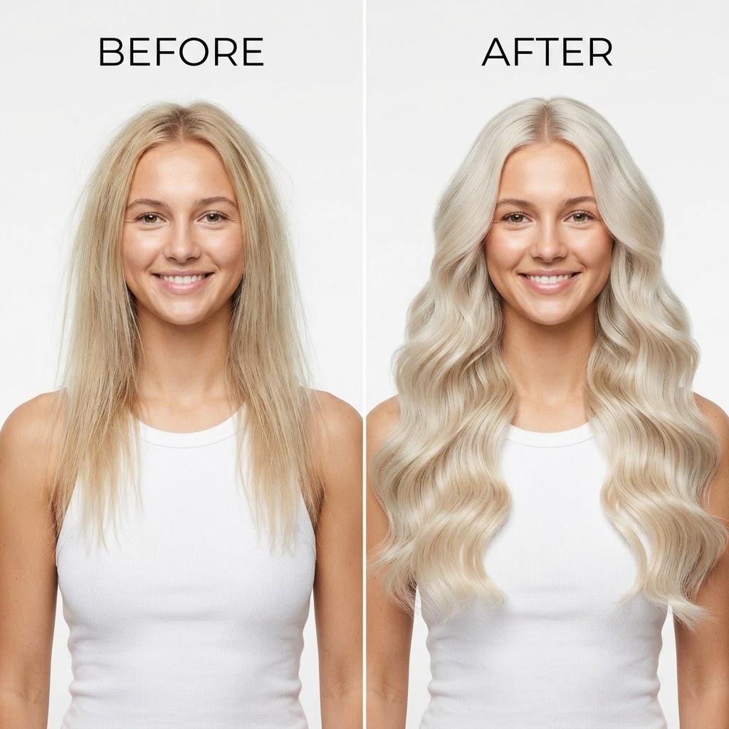 Platinum Volume — Before → After transformation at The Hair Extension Room