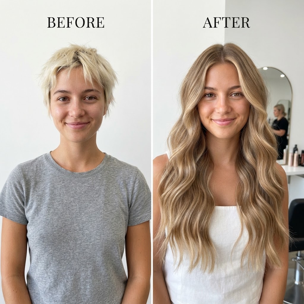 Balayage Beach — Before → After transformation at The Hair Extension Room