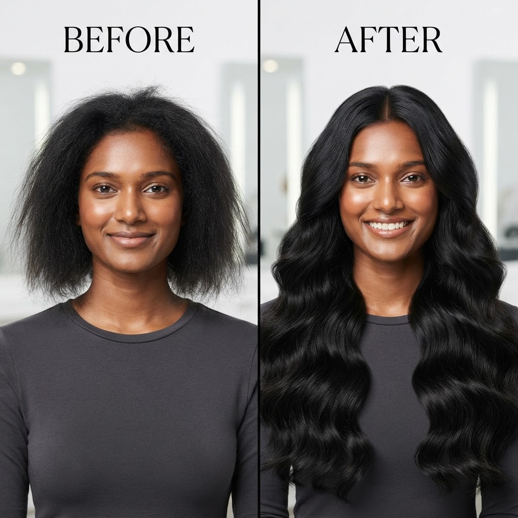 Midnight Length — Before → After transformation at The Hair Extension Room
