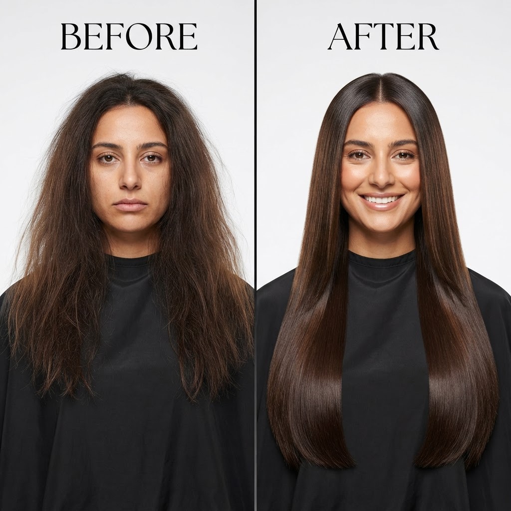 Obsidian Sleek — Before → After transformation at The Hair Extension Room