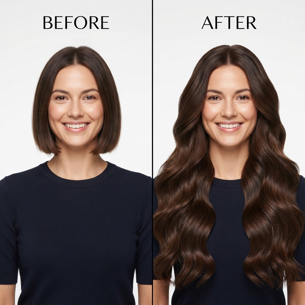 Chocolate Length — Before → After transformation at The Hair Extension Room