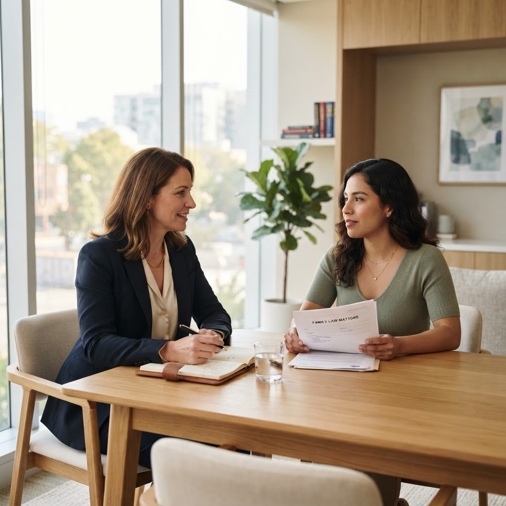 A lawyer meeting with a client in a warm, professional office setting