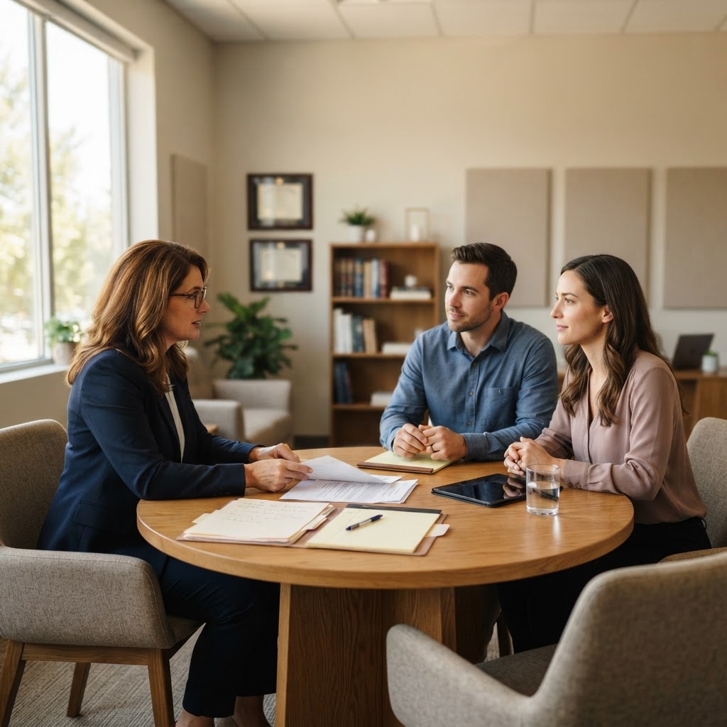 A family lawyer working collaboratively with a separating couple at a round table