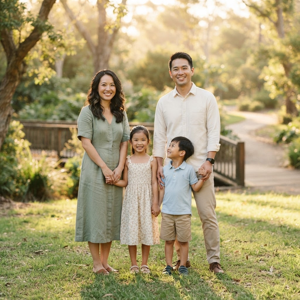 A happy Asian family — mother, father, and children — enjoying time together outdoors