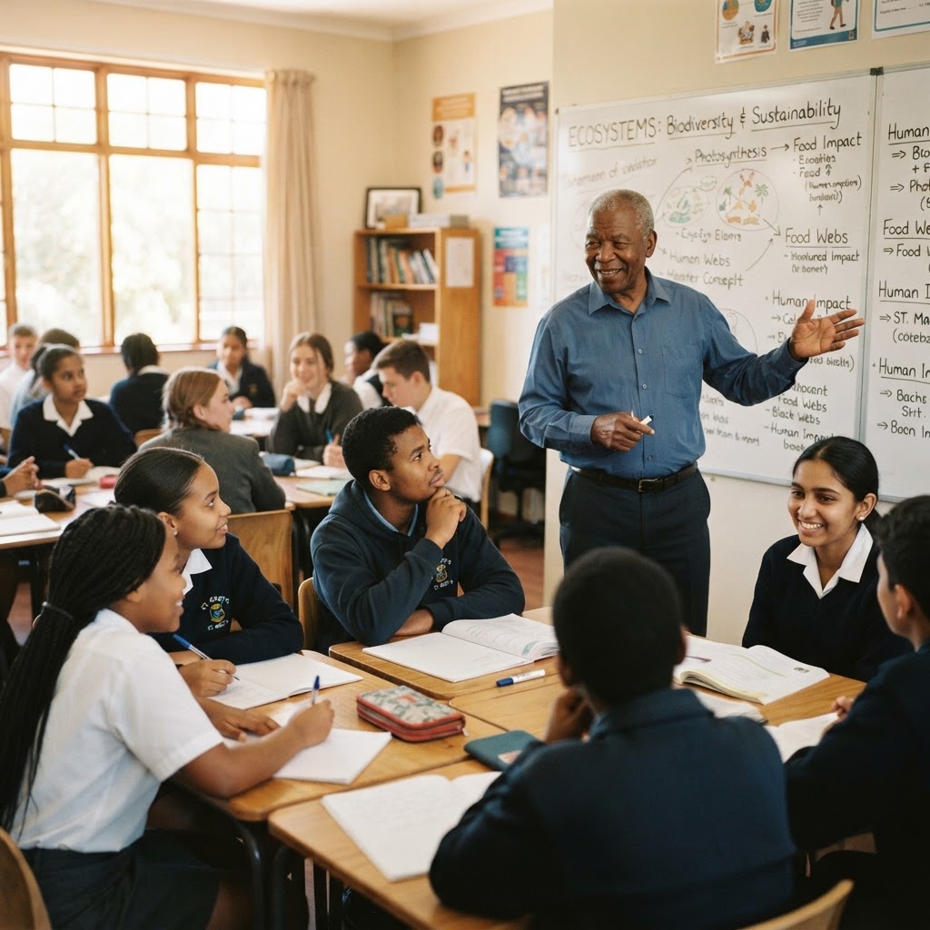 An experienced elderly teacher sharing knowledge with young students in a classroom
