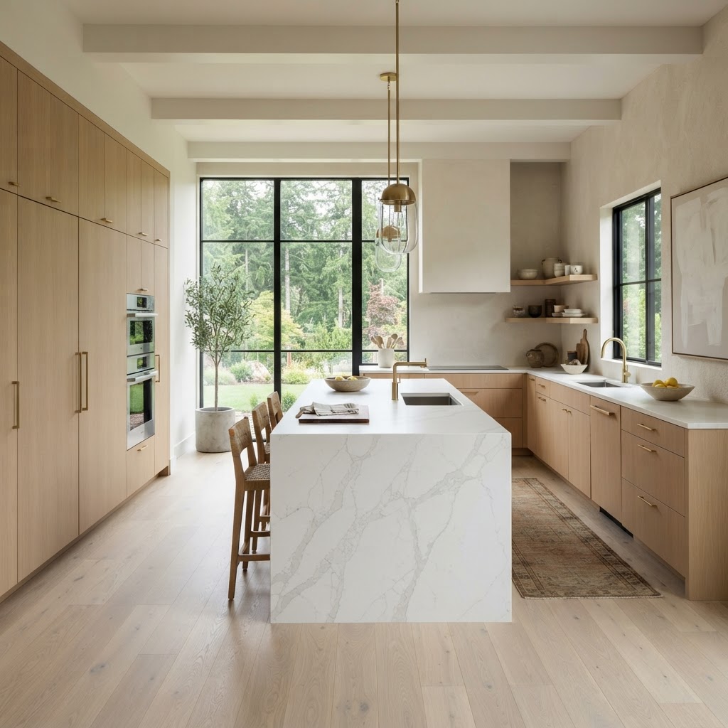 Custom light oak kitchen cabinetry with quartz waterfall island