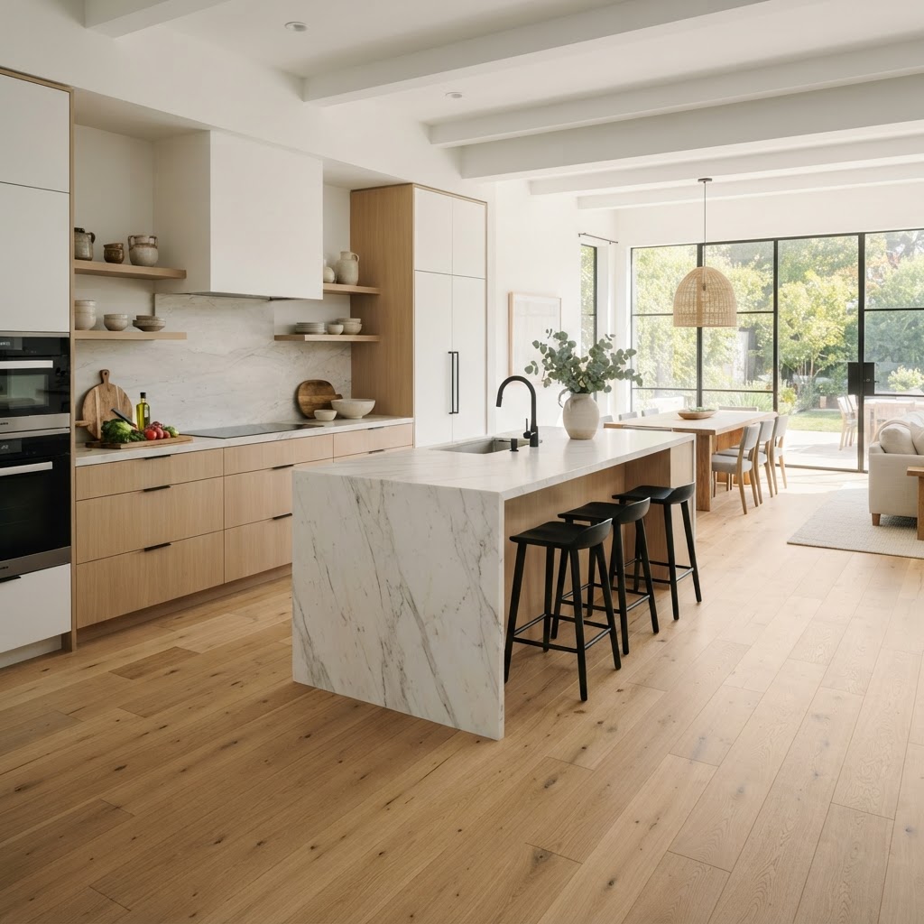 Flooring — Wide-plank oak underfoot.
