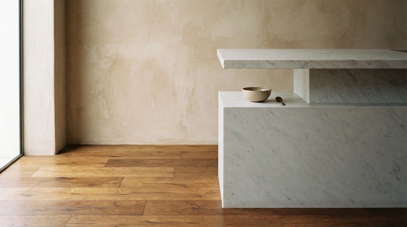 The intersection where an oak floor meets a marble countertop base