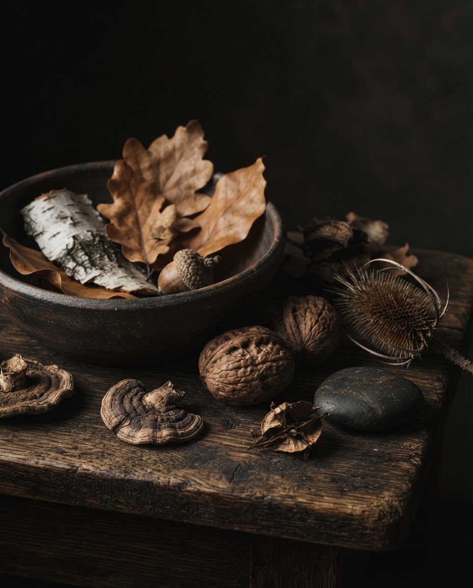 A quiet still life of natural objects with deep earth tones and dramatic chiaroscuro lighting