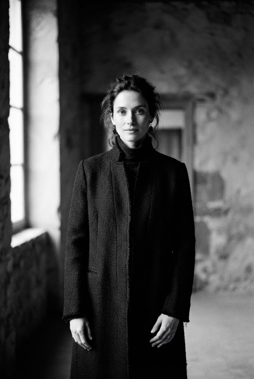 A minimalist fashion editorial portrait with soft directional north-light and monochromatic tones