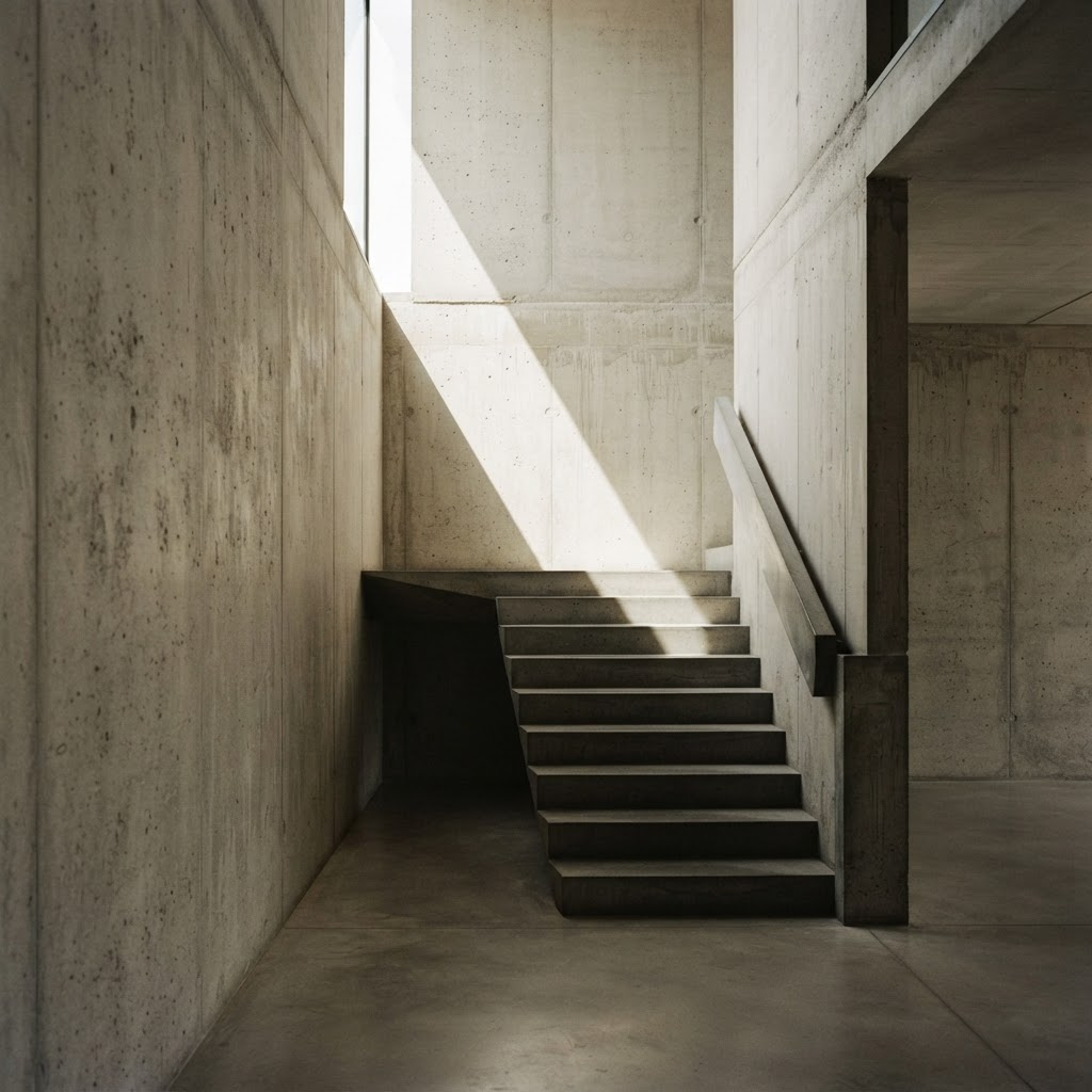 A serene architectural detail of concrete and light with strong directional shadows