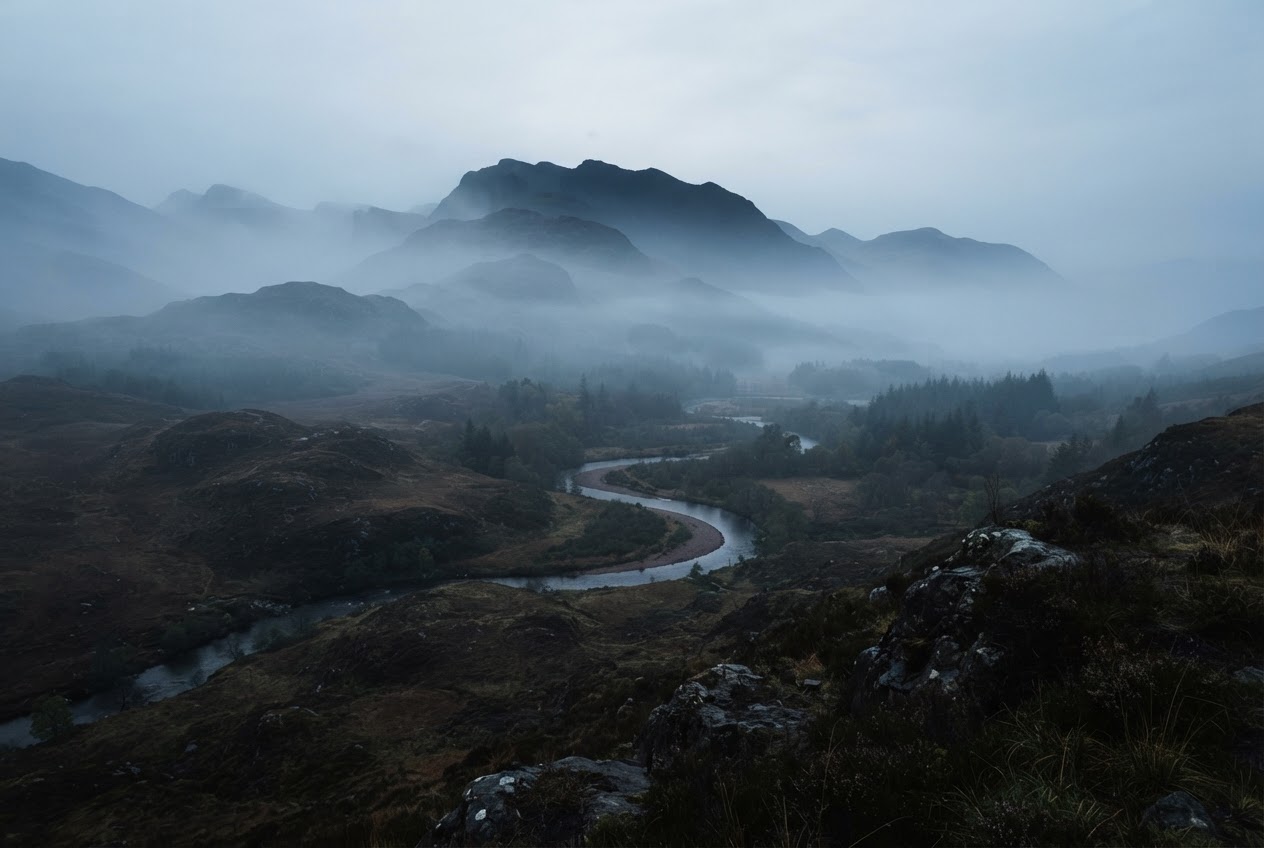 An expansive quiet monochromatic landscape with atmospheric fog and muted earth tones