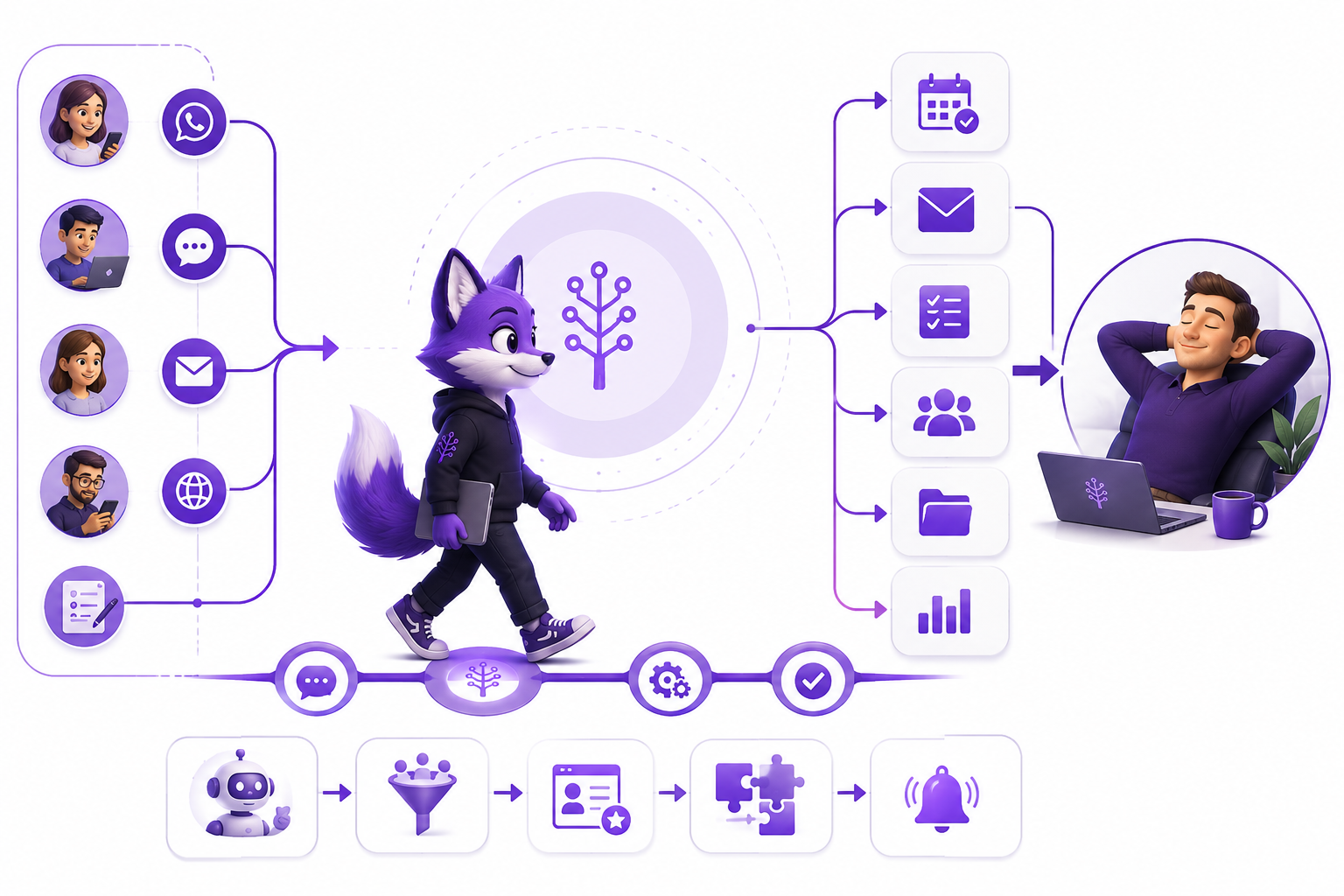 Trixy walking through a business setup — from customer requests to organised outputs