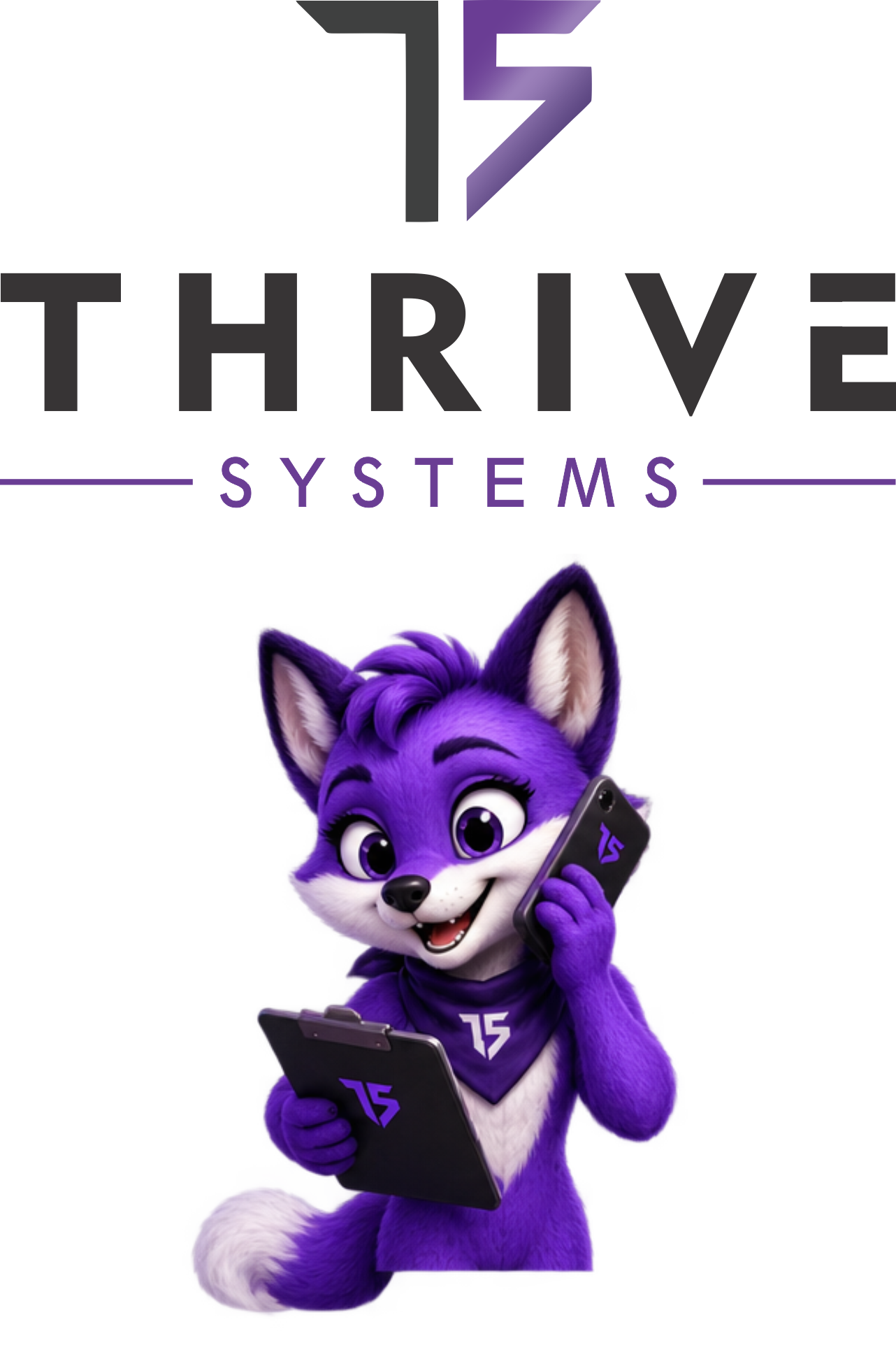 Thrive Systems logo and Trixy — the AI assistant holding a phone and clipboard