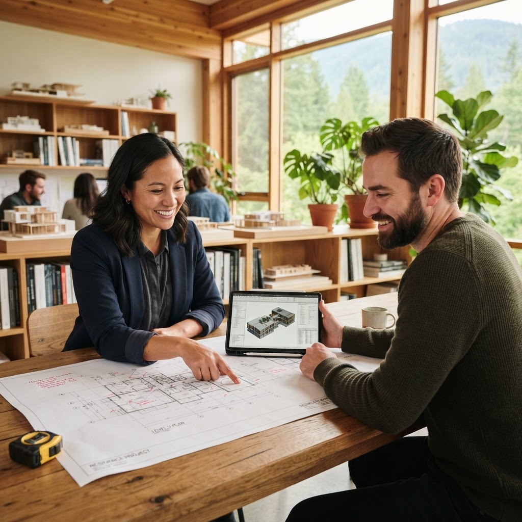 Architecture professionals collaborating over building plans in a bright studio