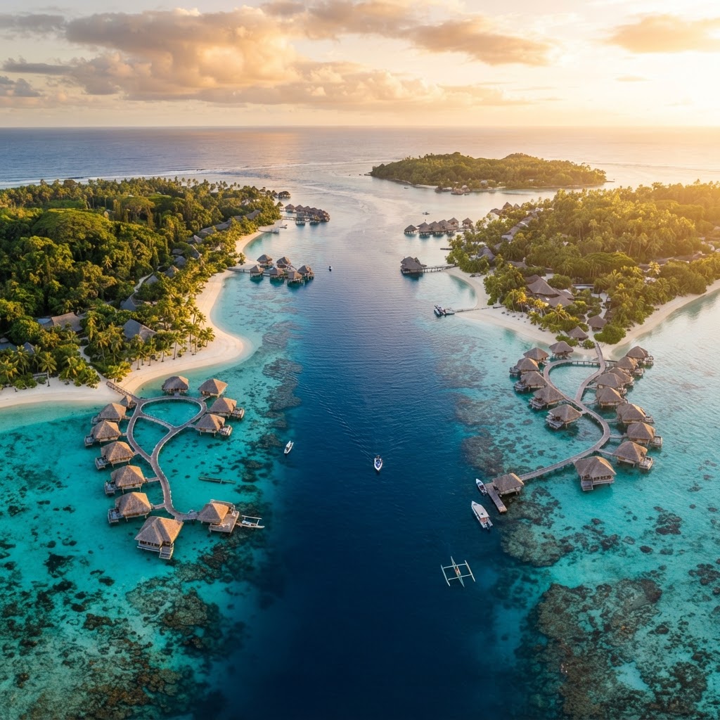 Fiji islands and floating villas at golden hour