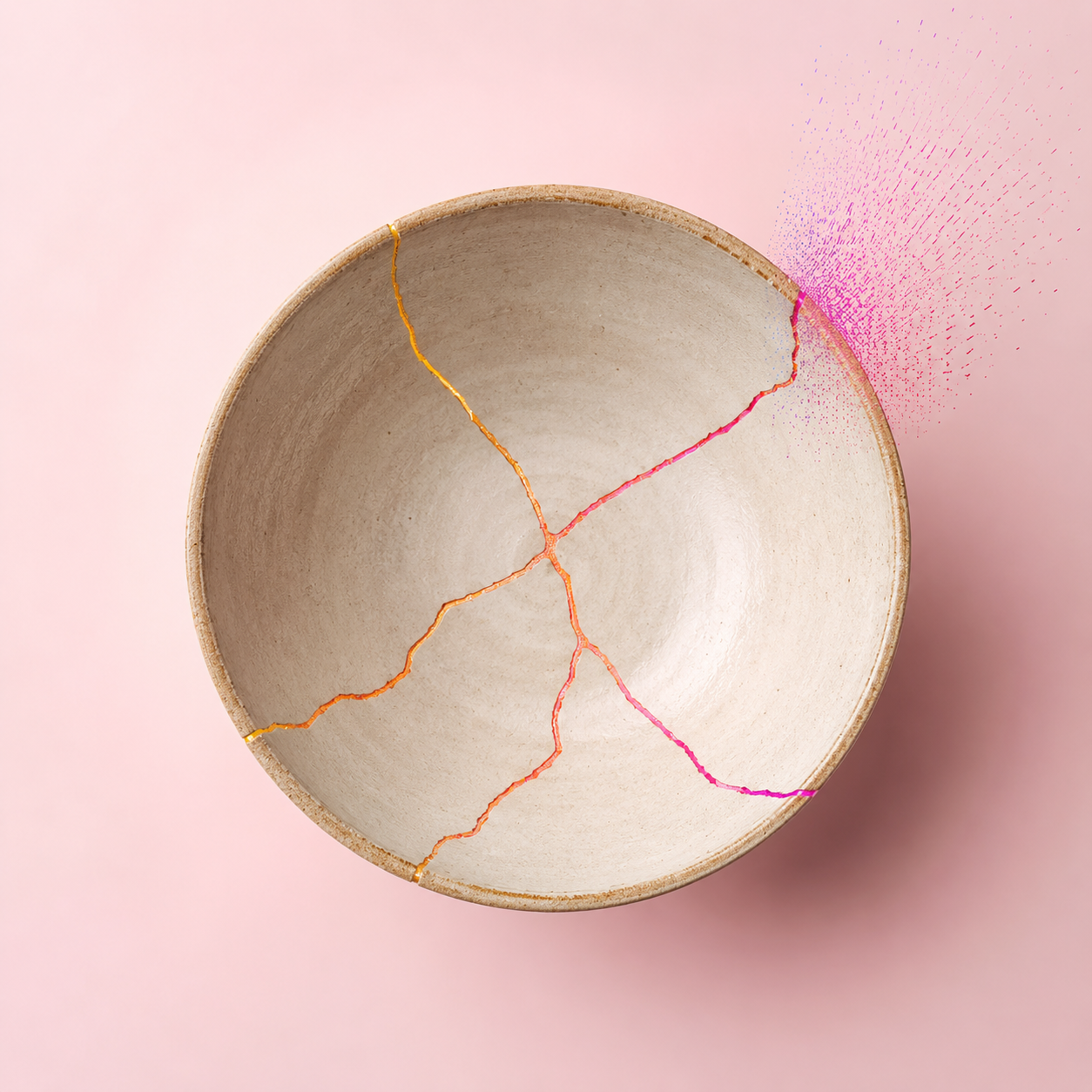 Kintsugi bowl with cracks turning into magenta particles