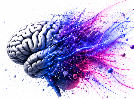 A crystalline glass brain with electric cyan and magenta light refracting through neural pathways