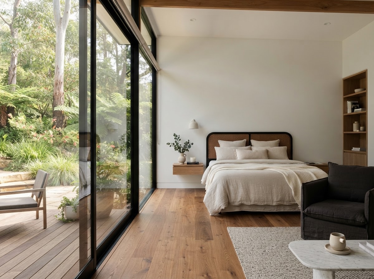 Interior of a luxury secondary dwelling with floor-to-ceiling glass and warm timber finishes