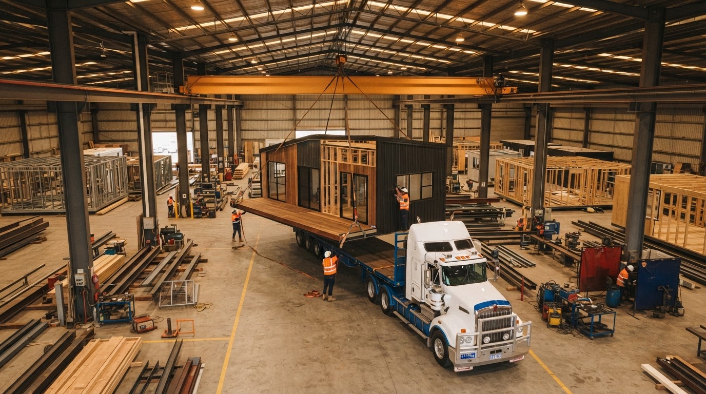 Modular home being prepared for delivery at factory warehouse