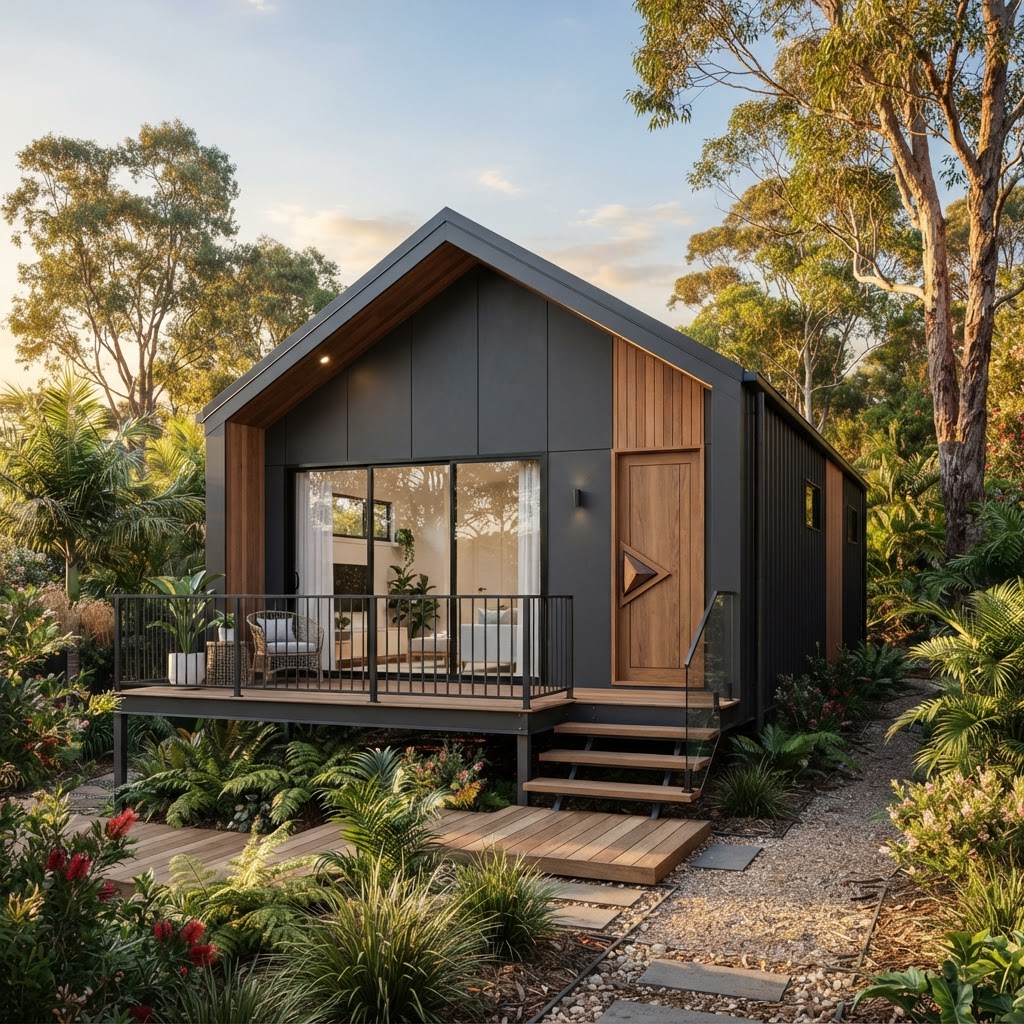Dimond Duo — A gabled-roof 60 m² modular granny flat with two bedrooms, open-plan kitchen and living, and Australian-standard fire-retardant wall panels — ideal as a secondary dwelling or rental investment.