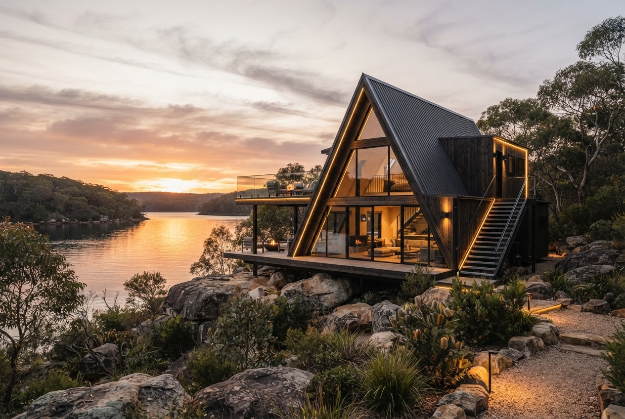 Luma Frame — An iconic A-frame with sculptural silhouette, panoramic glazing, and warm architectural lighting — delivered flat-pack for rapid assembly.