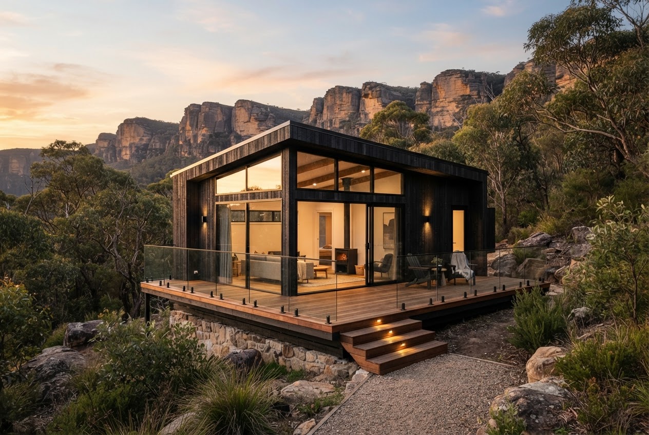 Solstice Cabin — A compact premium retreat cabin with dark timber-style exterior and panoramic glazing, ideal for coastal and hinterland environments.