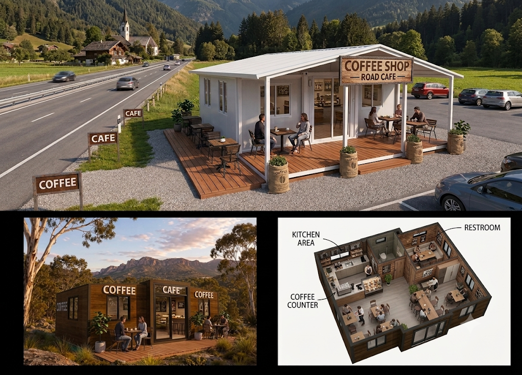 Vista Duo — Coffee Shop — A modular road cafe and coffee shop configuration with front deck seating, kitchen area, coffee counter, and restroom. Ideal for highway stops, tourist routes, and roadside hospitality.