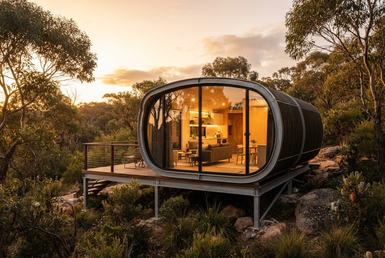 Eon Capsule — A next-generation modular living concept with panoramic glazing, smart home integration, and a striking futuristic architectural form.