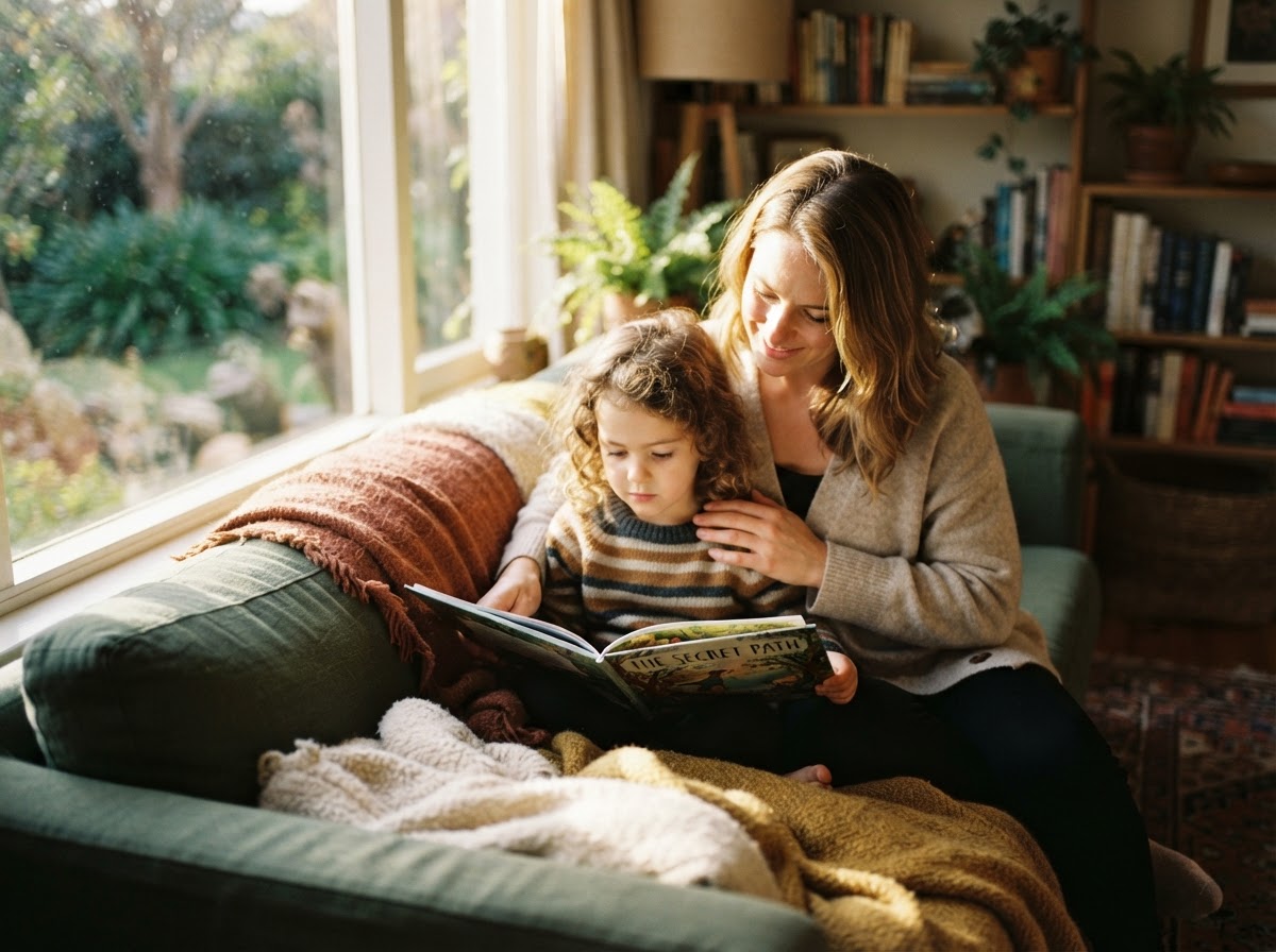 A carer reading with a child on a sofa