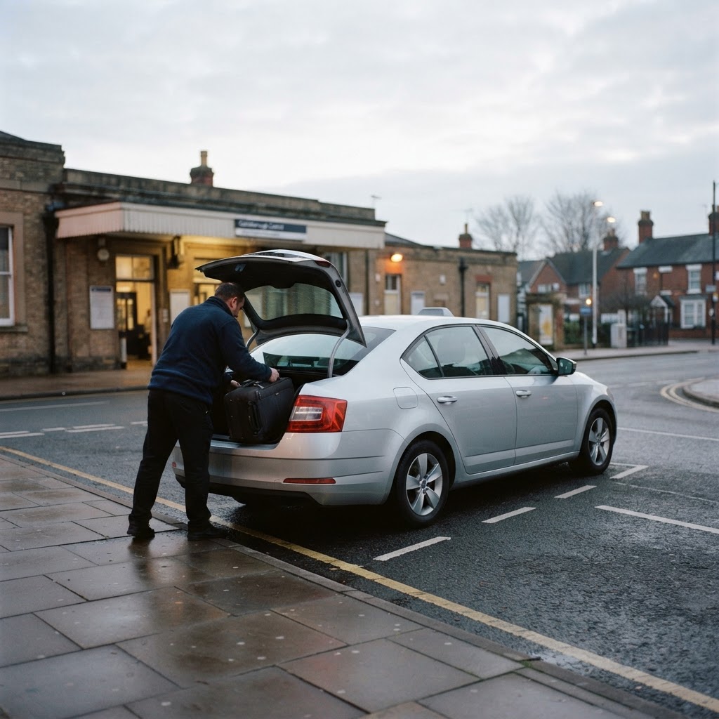 Silver saloon taxi loading luggage outside Gainsborough train station at dawn